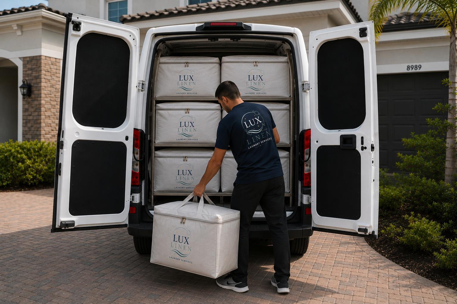 Lux Linen technician loading branded laundry containers